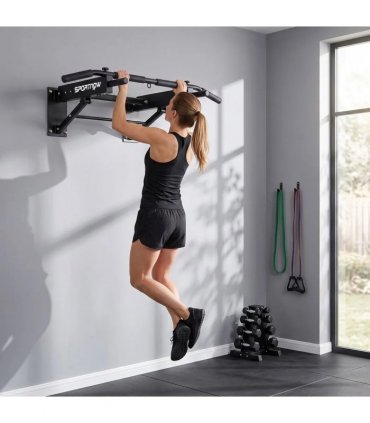 SPORTNOW Pull Up Bar Wall Mounted Chin Up Bar with Folding Design, 3 Hooks for Resistance Bands, Supports up to 120 kg, Black
