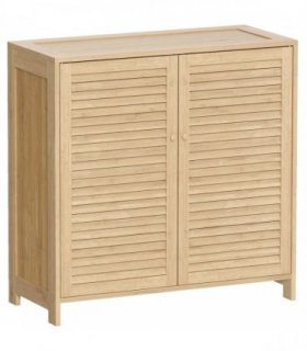 HOMCOM Bamboo Shoe Cabinet with Louvered Doors, 14 Pairs Shoe Storage Cabinet with Adjustable Shelves for Hallway, Natural