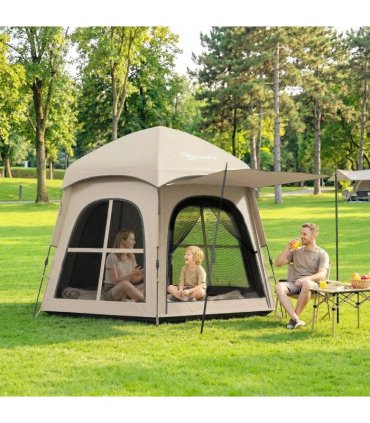 Outsunny Pop Up Tent 3000mm Waterproof Instant Camping Tent 3-4 Person with 2 Doors 4 Windows Khaki