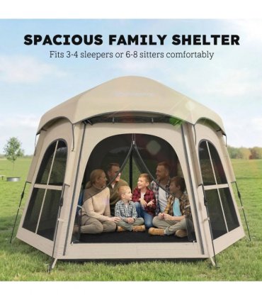 Outsunny Pop Up Tent 3000mm Waterproof Instant Camping Tent 3-4 Person with 2 Doors 4 Windows Khaki
