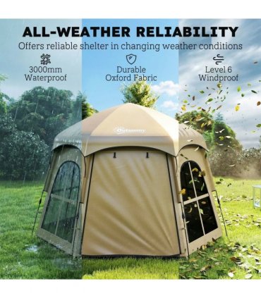 Outsunny Pop Up Tent 3000mm Waterproof Instant Camping Tent 3-4 Person with 2 Doors 4 Windows Khaki