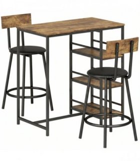 HOMCOM Space Saving Bar Table and PU Leather Stools for 2, 3 Piece Breakfast Bar Table Set with Storage Shelves, Rustic Brown
