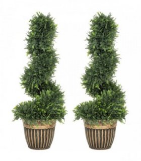 HOMCOM Set of 2 Artificial Plants, Topiary Spiral Boxwood Cypress Trees with Pot, for Home Indoor Outdoor Decor, 90cm