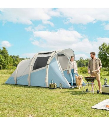 Outsunny Inflatable Camping Tent w/ Air Pump, Easy Setup 2-3 Person Blow Up Tent, Light Blue