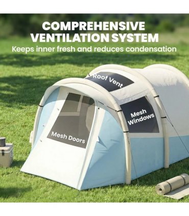 Outsunny Inflatable Camping Tent w/ Air Pump, Easy Setup 2-3 Person Blow Up Tent, Light Blue