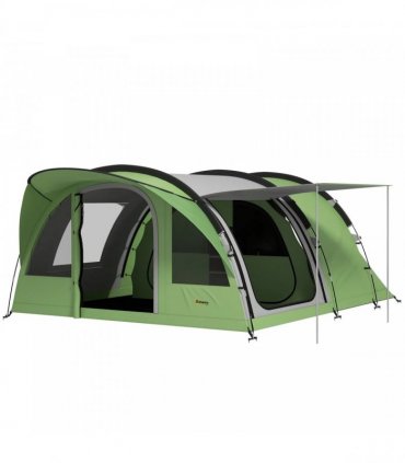Outsunny 4 Person Easy Setup Family Camping Tent with 2 Rooms, Waterproof Tunnel Tent w/ Sewn In Groundsheet, Green & Grey