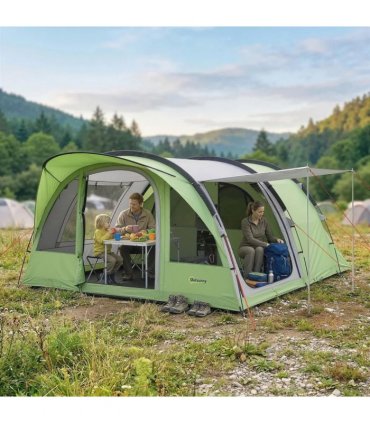 Outsunny 4 Person Easy Setup Family Camping Tent with 2 Rooms, Waterproof Tunnel Tent w/ Sewn In Groundsheet, Green & Grey