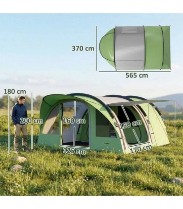 Outsunny 4 Person Easy Setup Family Camping Tent with 2 Rooms, Waterproof Tunnel Tent w/ Sewn In Groundsheet, Green & Grey