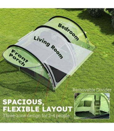 Outsunny 4 Person Easy Setup Family Camping Tent with 2 Rooms, Waterproof Tunnel Tent w/ Sewn In Groundsheet, Green & Grey