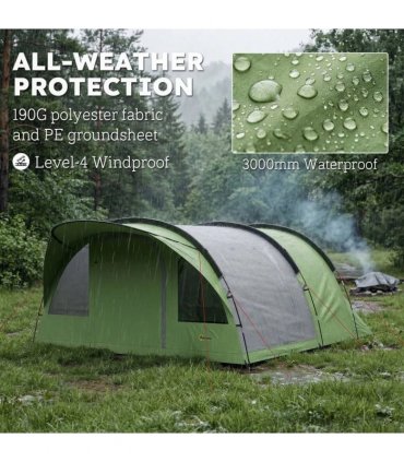 Outsunny 4 Person Easy Setup Family Camping Tent with 2 Rooms, Waterproof Tunnel Tent w/ Sewn In Groundsheet, Green & Grey