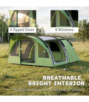 Outsunny 4 Person Easy Setup Family Camping Tent with 2 Rooms, Waterproof Tunnel Tent w/ Sewn In Groundsheet, Green & Grey