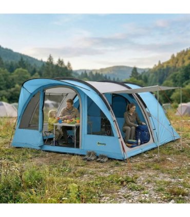 Outsunny 4 Person Easy Setup Family Camping Tent with 2 Rooms, Waterproof Tunnel Tent w/ Sewn In Groundsheet, Sky Blue & Grey