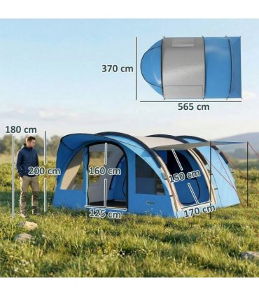 Outsunny 4 Person Easy Setup Family Camping Tent with 2 Rooms, Waterproof Tunnel Tent w/ Sewn In Groundsheet, Sky Blue & Grey