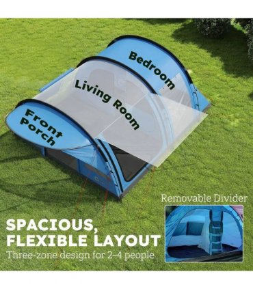Outsunny 4 Person Easy Setup Family Camping Tent with 2 Rooms, Waterproof Tunnel Tent w/ Sewn In Groundsheet, Sky Blue & Grey