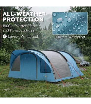Outsunny 4 Person Easy Setup Family Camping Tent with 2 Rooms, Waterproof Tunnel Tent w/ Sewn In Groundsheet, Sky Blue & Grey
