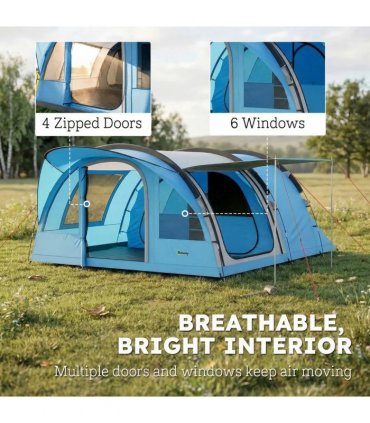 Outsunny 4 Person Easy Setup Family Camping Tent with 2 Rooms, Waterproof Tunnel Tent w/ Sewn In Groundsheet, Sky Blue & Grey
