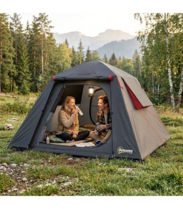 Outsunny Camping Tent 3000mm Waterproof Tent with 2 Doors, Dark Grey and Red