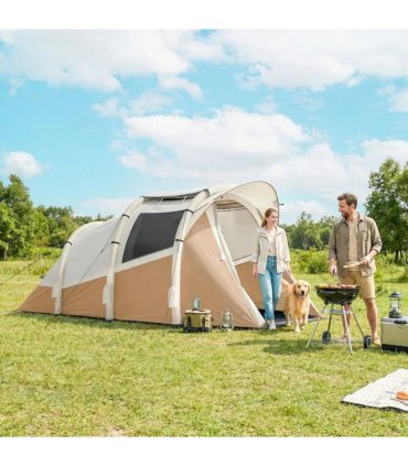 Outsunny Inflatable Camping Tent w/ Air Pump, Easy Setup 2-3 Person Blow Up Tent, Khaki