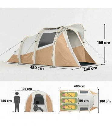 Outsunny Inflatable Camping Tent w/ Air Pump, Easy Setup 2-3 Person Blow Up Tent, Khaki