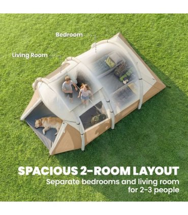 Outsunny Inflatable Camping Tent w/ Air Pump, Easy Setup 2-3 Person Blow Up Tent, Khaki