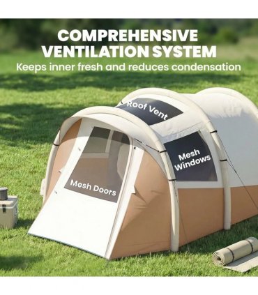 Outsunny Inflatable Camping Tent w/ Air Pump, Easy Setup 2-3 Person Blow Up Tent, Khaki
