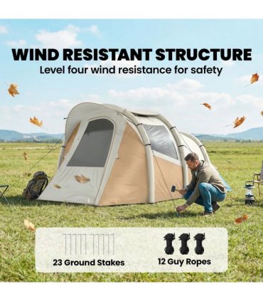 Outsunny Inflatable Camping Tent w/ Air Pump, Easy Setup 2-3 Person Blow Up Tent, Khaki