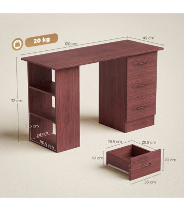 HOMCOM Computer Desk, Writing Table, PC Workstation with 3 Storage Shelves and Drawers, Handle, for Home Office, Walnut Brown
