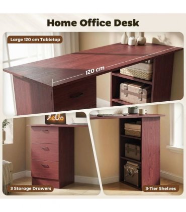 HOMCOM Computer Desk, Writing Table, PC Workstation with 3 Storage Shelves and Drawers, Handle, for Home Office, Walnut Brown
