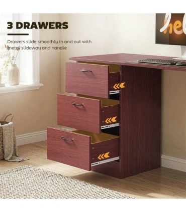 HOMCOM Computer Desk, Writing Table, PC Workstation with 3 Storage Shelves and Drawers, Handle, for Home Office, Walnut Brown