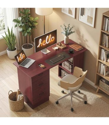HOMCOM Computer Desk, Writing Table, PC Workstation with 3 Storage Shelves and Drawers, Handle, for Home Office, Walnut Brown