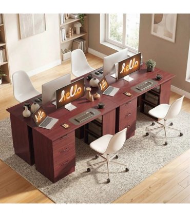 HOMCOM Computer Desk, Writing Table, PC Workstation with 3 Storage Shelves and Drawers, Handle, for Home Office, Walnut Brown