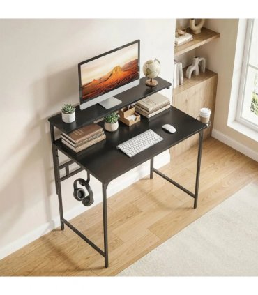 HOMCOM Computer Desk, 80cm Home Office Study Table with Hutch Shelf, Cup Holder, Headphone Hook, Black