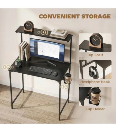 HOMCOM Computer Desk, 80cm Home Office Study Table with Hutch Shelf, Cup Holder, Headphone Hook, Black
