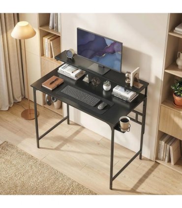 HOMCOM Computer Desk, 80cm Home Office Study Table with Hutch Shelf, Cup Holder, Headphone Hook, Black