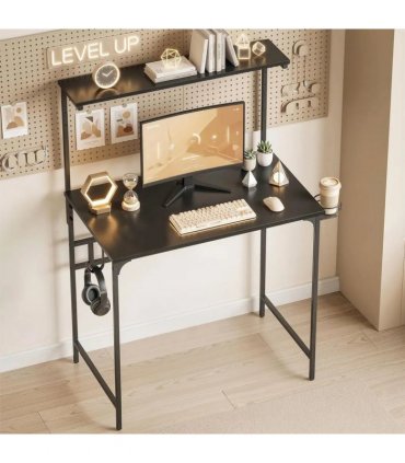 HOMCOM Computer Desk, 80cm Home Office Study Table with Hutch Shelf, Cup Holder, Headphone Hook, Black
