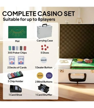 SPORTNOW 300-Piece Poker Chips Set with Card Shuffler, Card Shoe, Case, Casino Texas Holdem Poker Set with Mat, Silver Tone