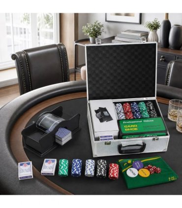 SPORTNOW 300-Piece Poker Chips Set with Card Shuffler, Card Shoe, Case, Casino Texas Holdem Poker Set with Mat, Silver Tone