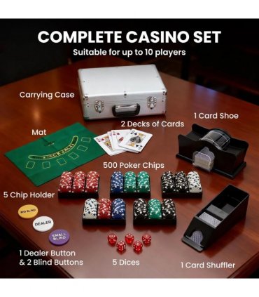SPORTNOW 500-Piece Poker Chips Set with Card Shuffler, Card Shoe, Case, Casino Texas Holdem Poker Set with Mat, Silver Tone