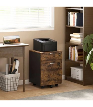 HOMCOM Two-Drawer Lockable Filing Cabinet - Black and Rustic Brown