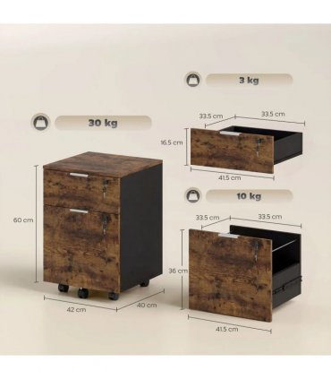 HOMCOM Two-Drawer Lockable Filing Cabinet - Black and Rustic Brown