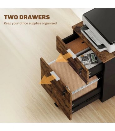 HOMCOM Two-Drawer Lockable Filing Cabinet - Black and Rustic Brown