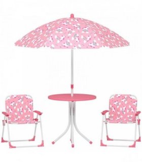 AIYAPLAY Kids Patio Table and Chair Set, Kids Garden Furniture with Umbrella, 4-Piece Bistro Set for Garden, Pink