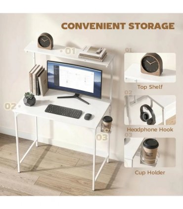 HOMCOM Computer Desk, 80cm Home Office Study Table with Hutch Shelf, Cup Holder, Headphone Hook, White