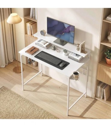 HOMCOM Computer Desk, 80cm Home Office Study Table with Hutch Shelf, Cup Holder, Headphone Hook, White