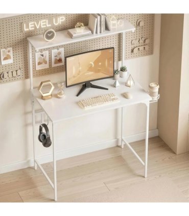 HOMCOM Computer Desk, 80cm Home Office Study Table with Hutch Shelf, Cup Holder, Headphone Hook, White