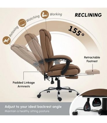 HOMCOM 155° Reclining Faux Leather Swivel Office Chair - Brown