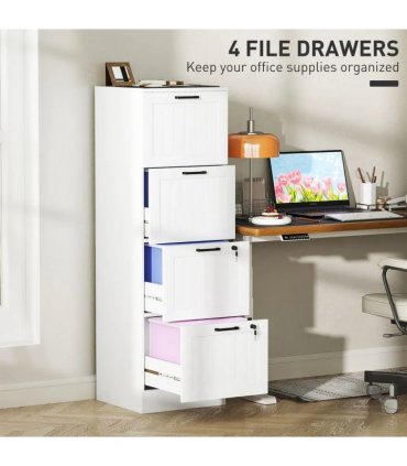 HOMCOM 4 Drawer Filing Cabinet with Lock, Office Storage Cabinet with Adjustable Hanging Bars for A4 Letter Size Files, White