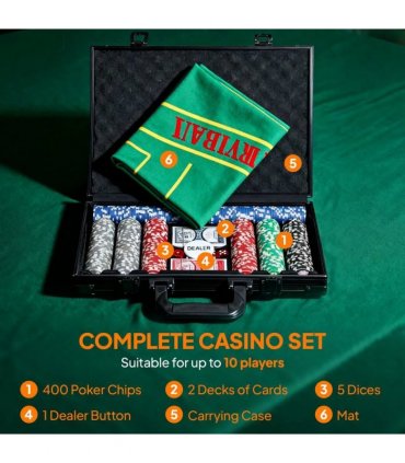 SPORTNOW 400-Piece Poker Chips Set with Lightweight ABS Case, Casino Texas Holdem Poker Set with Mat, 11.5g Numbered Poker Chips, Two Decks of Cards, Dealer, Five Dices, Grey