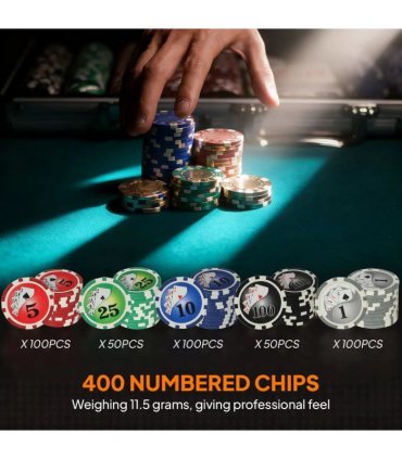 SPORTNOW 400-Piece Poker Chips Set with Lightweight ABS Case, Casino Texas Holdem Poker Set with Mat, 11.5g Numbered Poker Chips, Two Decks of Cards, Dealer, Five Dices, Grey