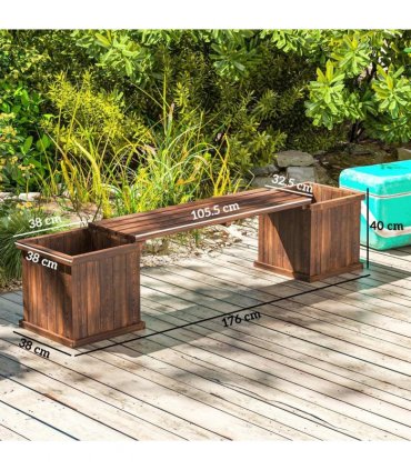 Outsunny Wooden Garden Planter & Bench Combination Garden Raised Bed Patio Park Carbonised Finish 176 x 38 x 40 cm